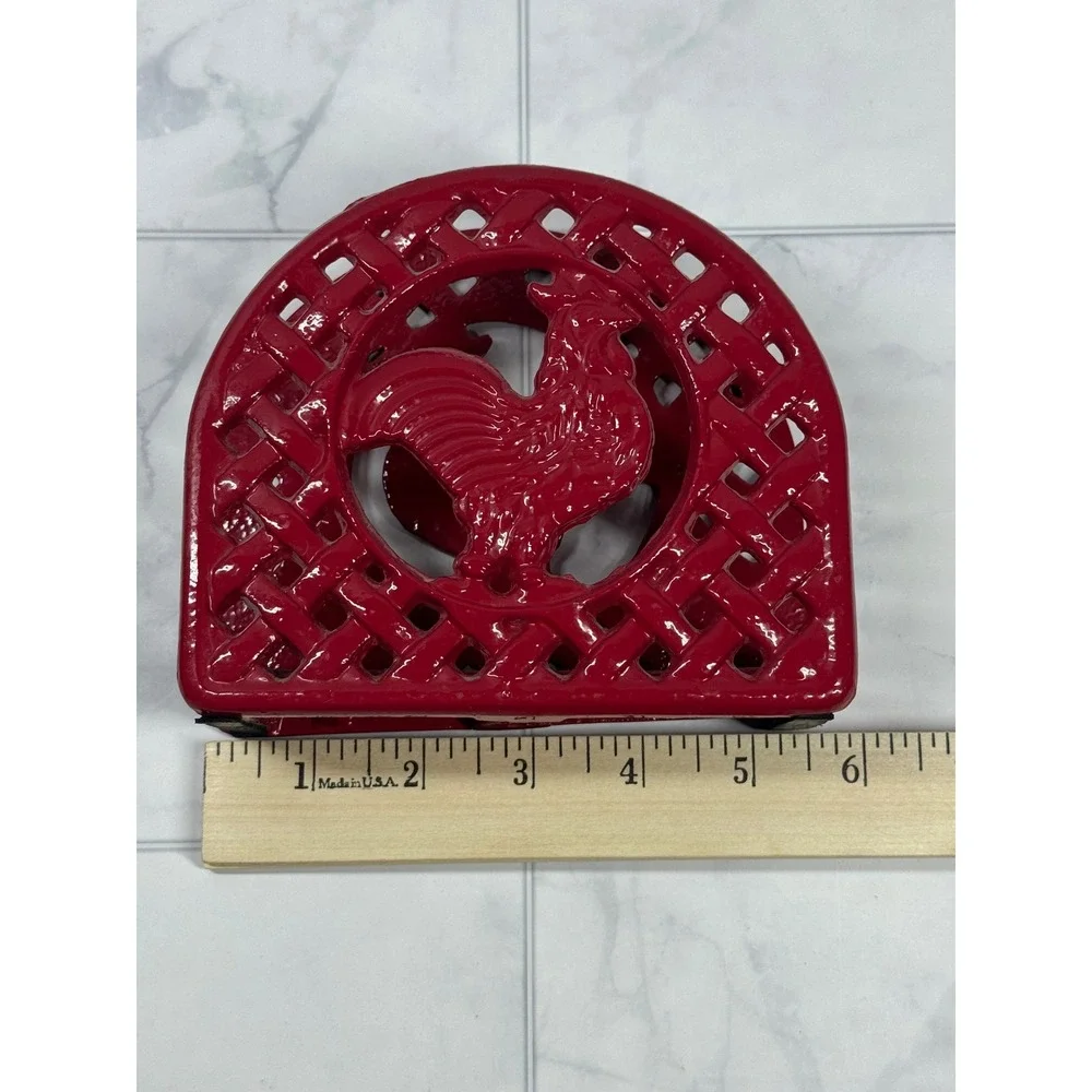 Vintage Red Cast Iron Rooster Napkin Holder Farmhouse Lattice Basketweave Red